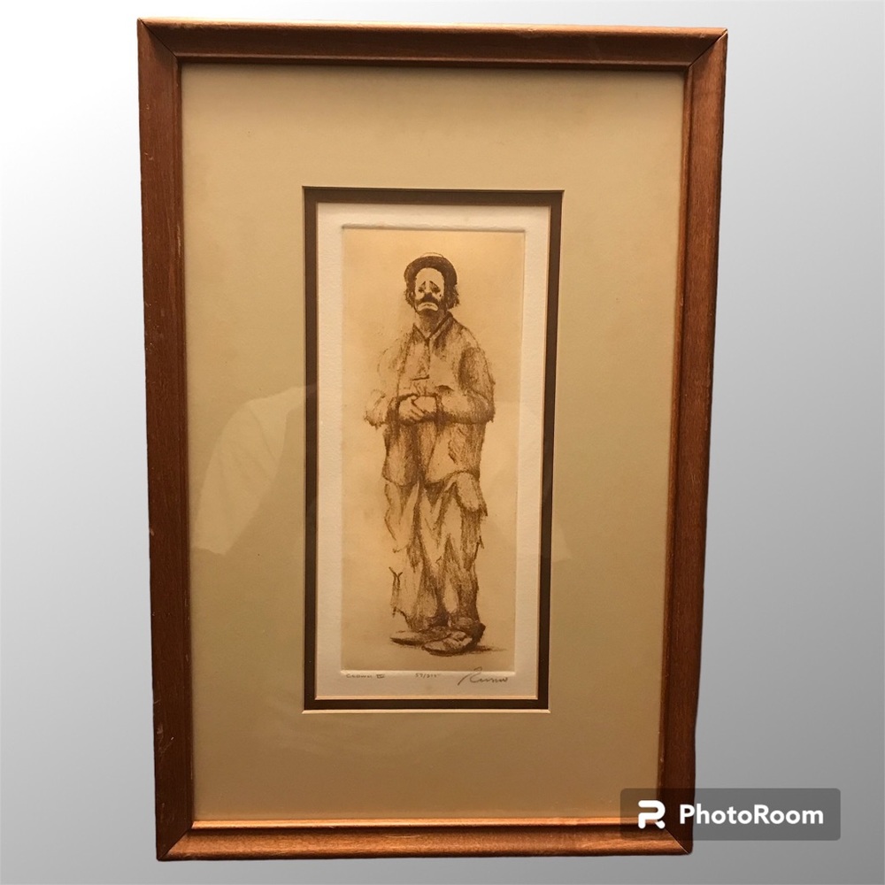 Vintage Clown Emmett Kelly Soft-Ground Intaglio Etching Drawing |Artist Unknown